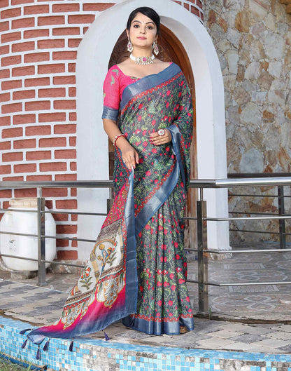 Blue Cotton Floral Printed Saree
