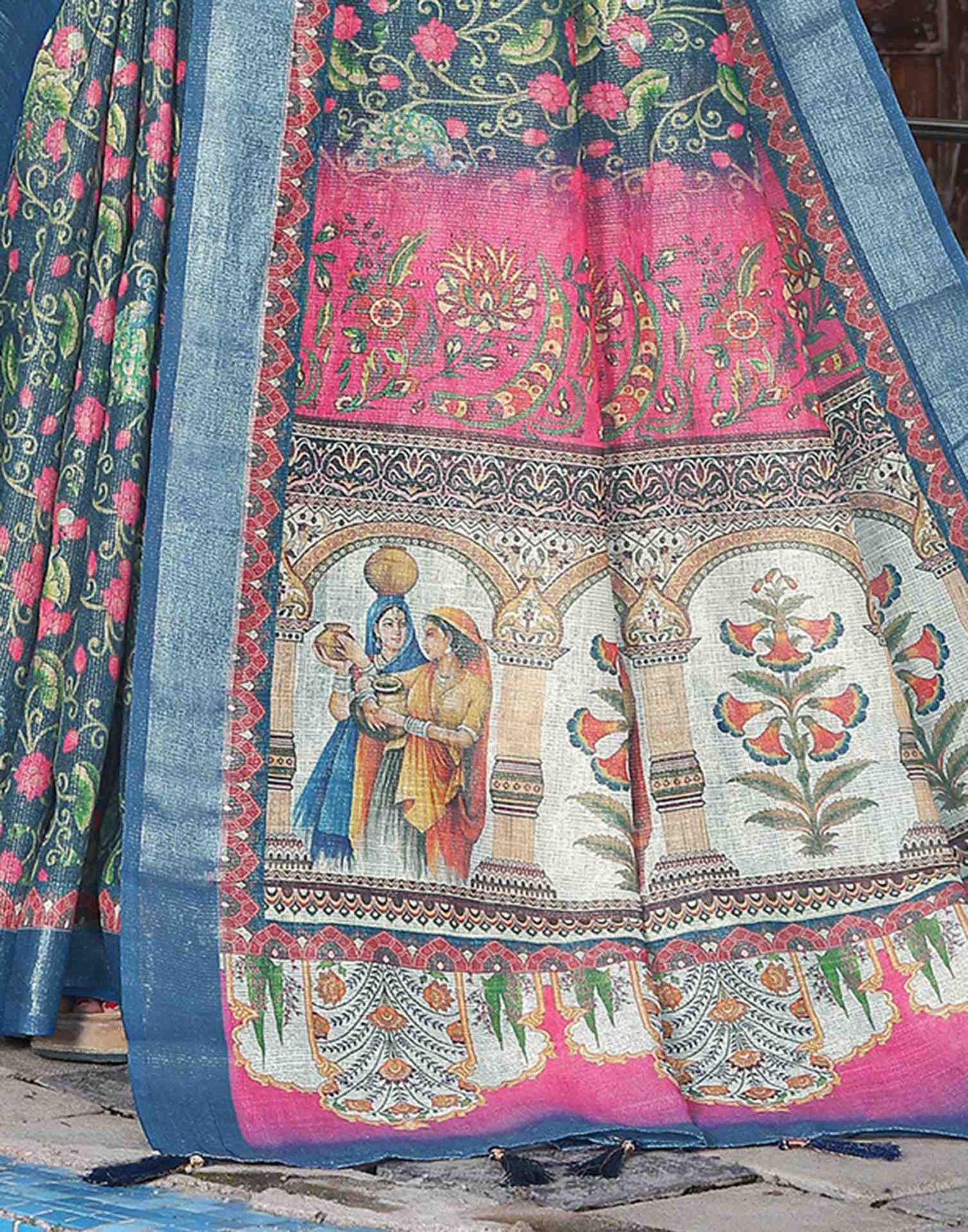 Blue Cotton Floral Printed Saree
