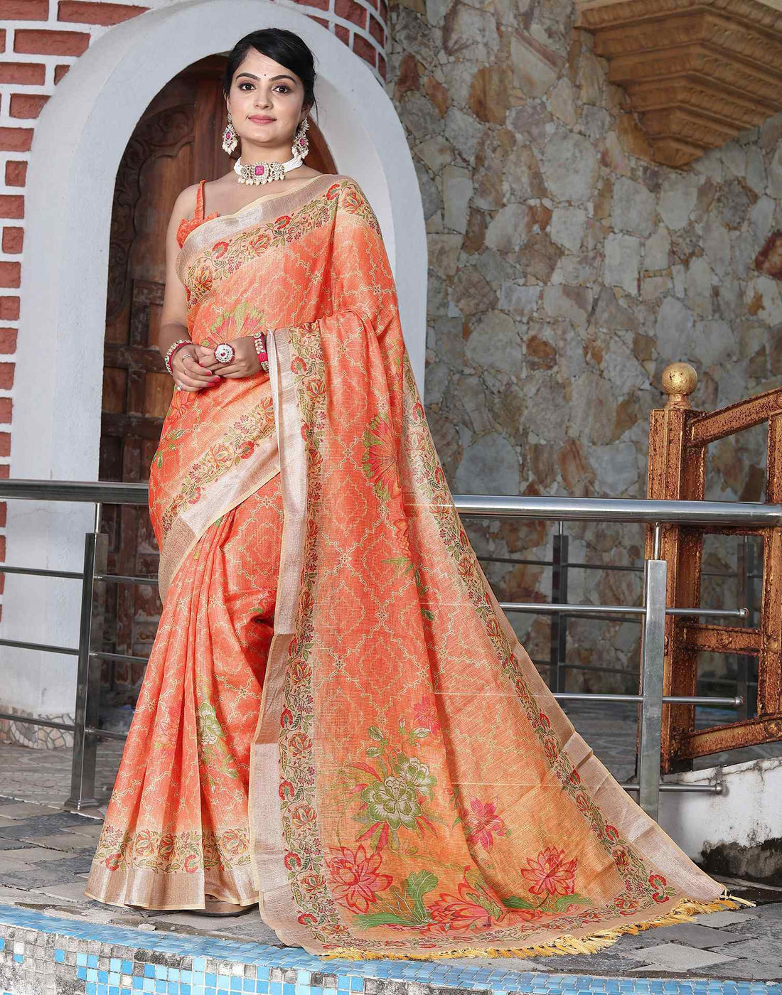 Light Orange Cotton Floral Printed Saree