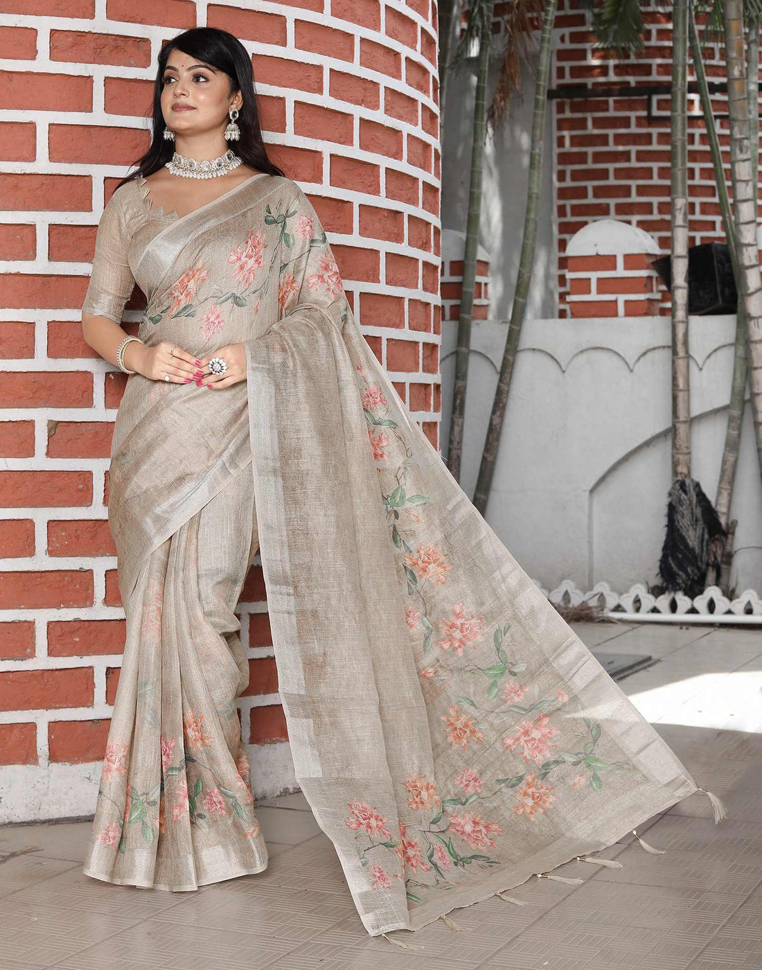 Beige Cotton Floral Printed Saree