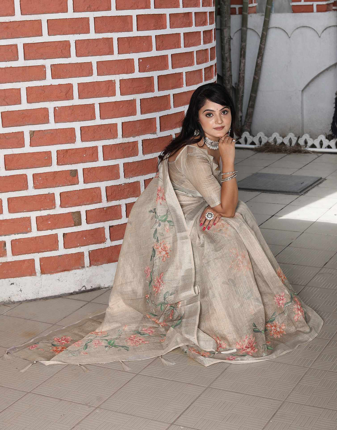 Beige Cotton Floral Printed Saree