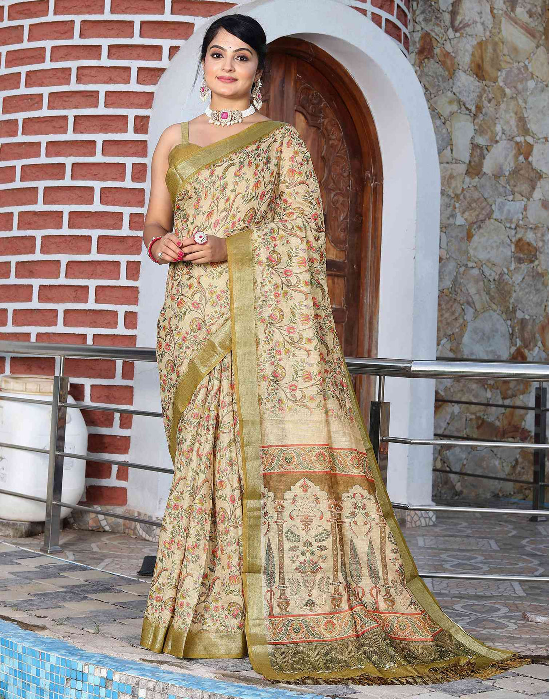 Beige Cotton Floral Printed Saree