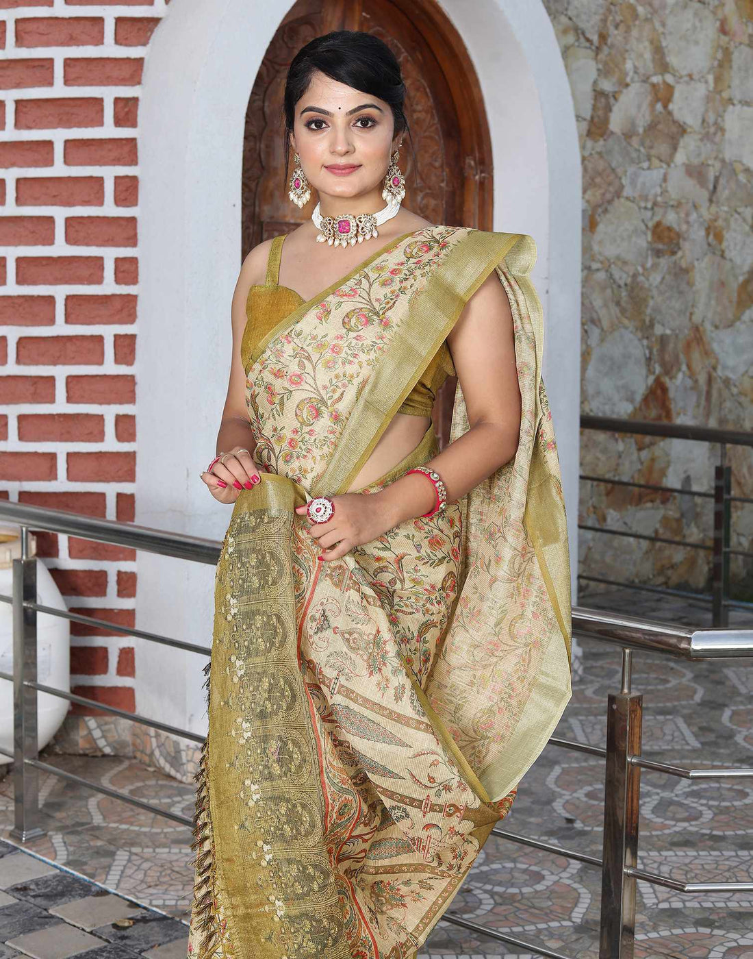 Beige Cotton Floral Printed Saree