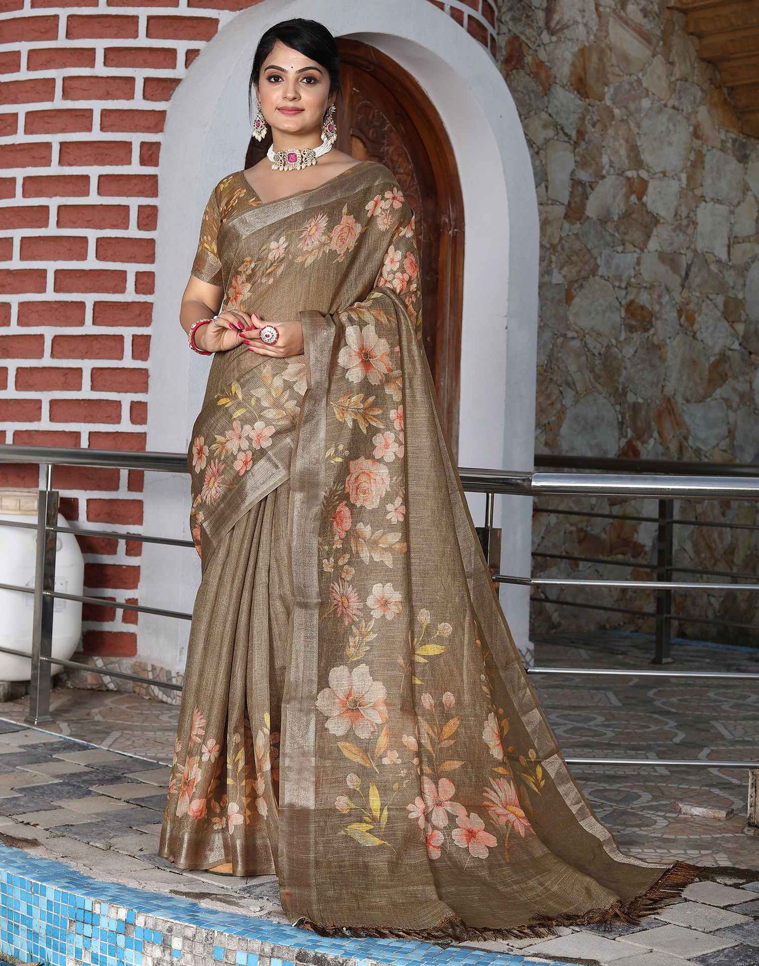 Khaki Cotton Floral Printed Saree