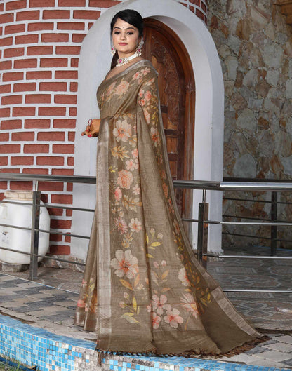 Khaki Cotton Floral Printed Saree