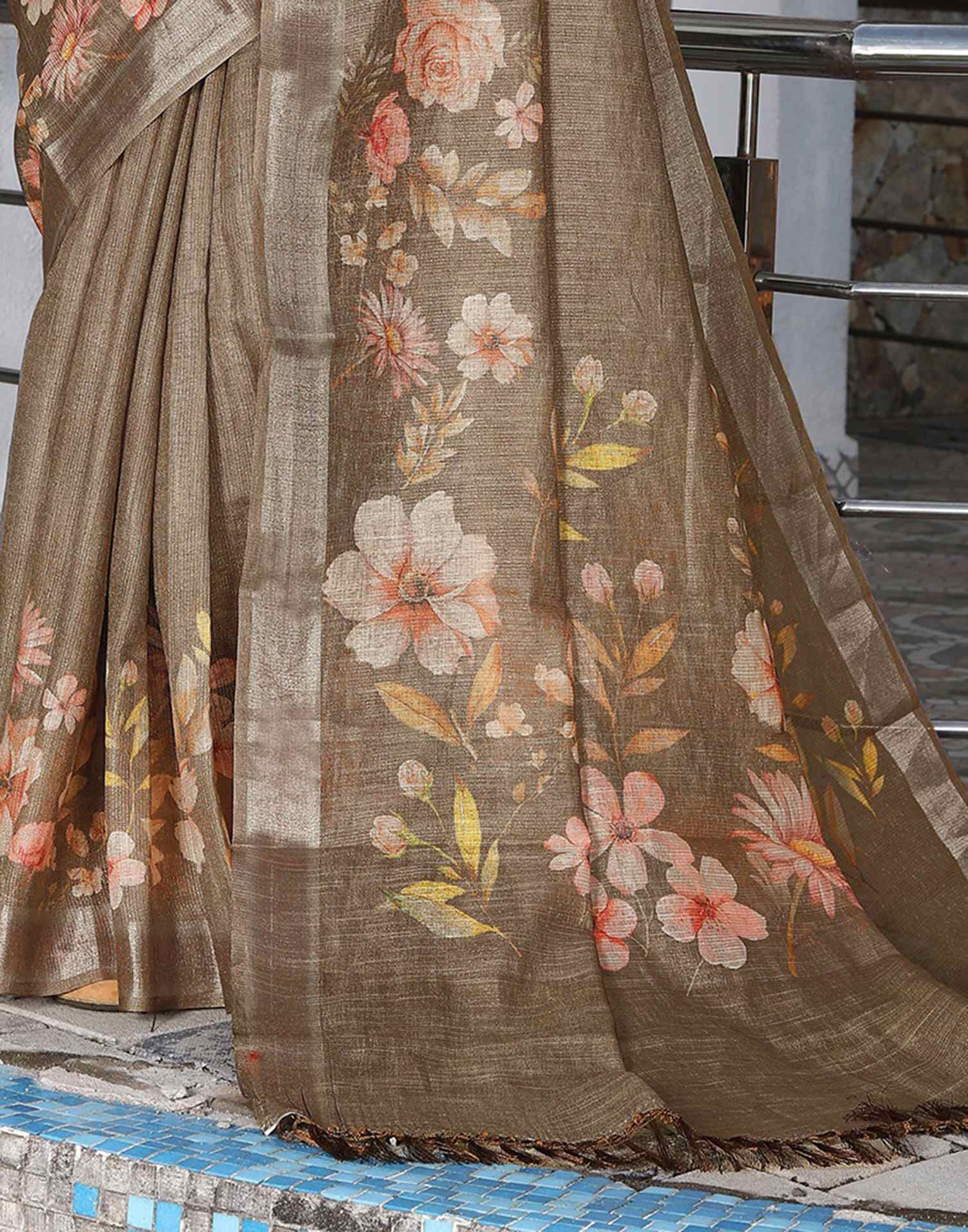 Khaki Cotton Floral Printed Saree