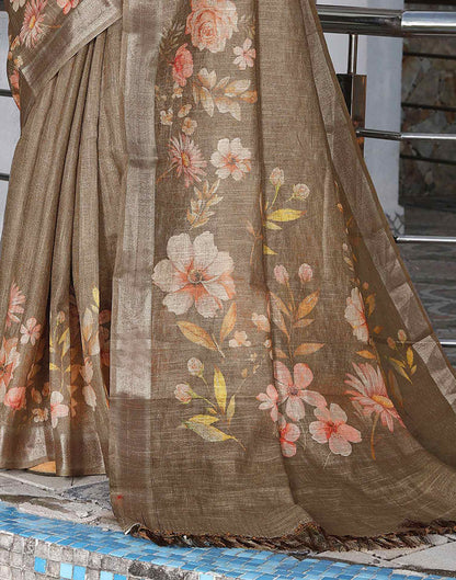 Khaki Cotton Floral Printed Saree