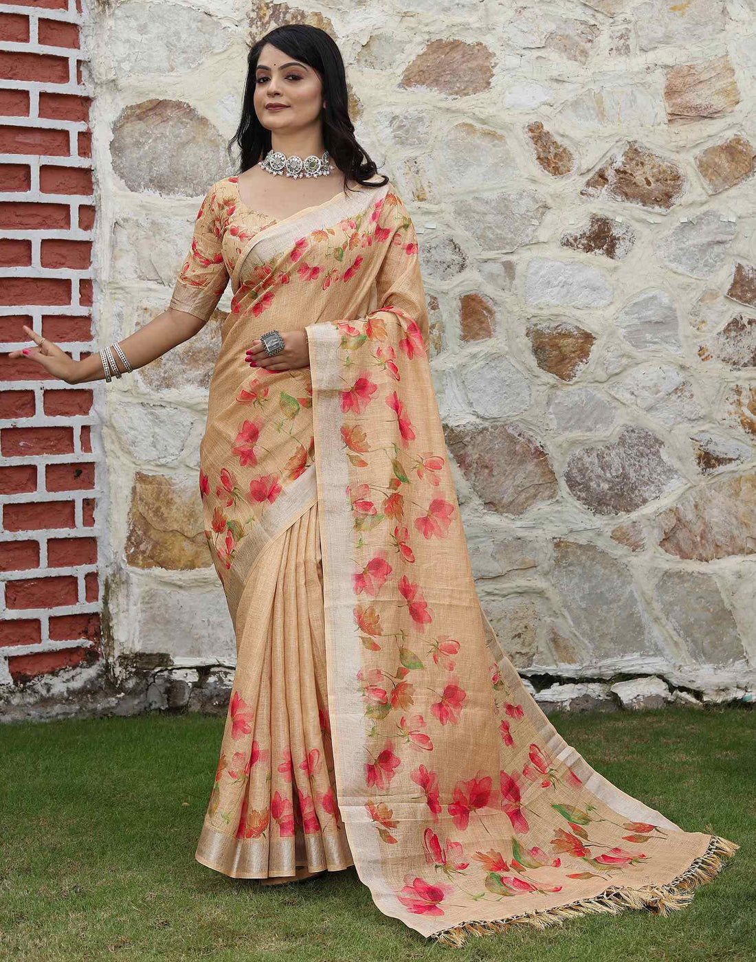 Beige Cotton Floral Printed Saree