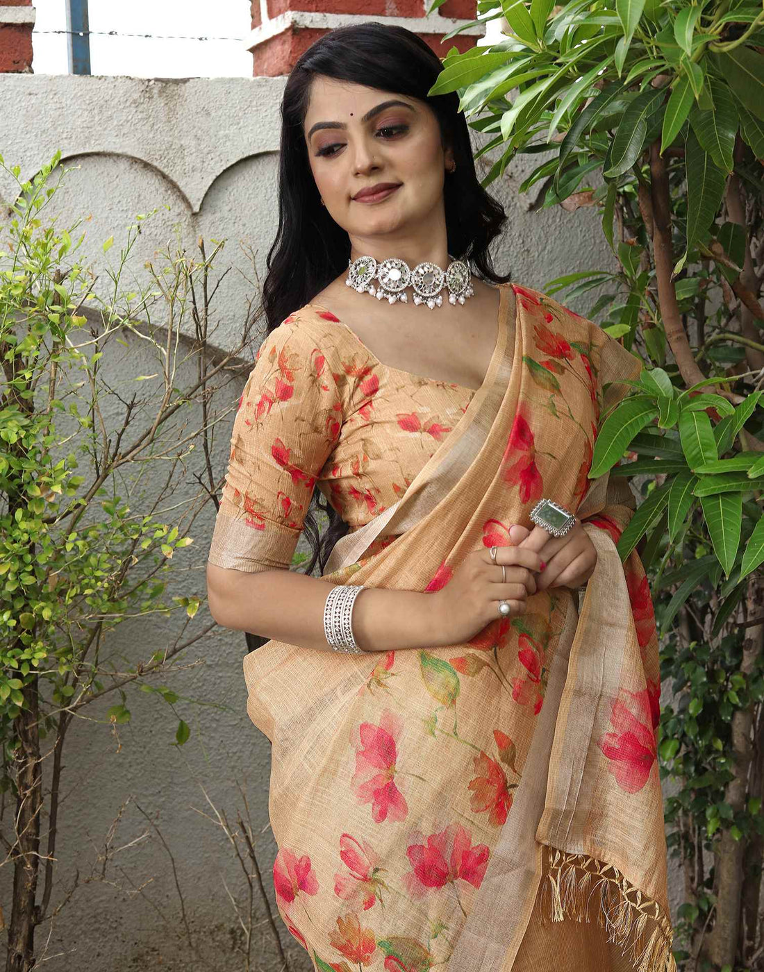 Beige Cotton Floral Printed Saree