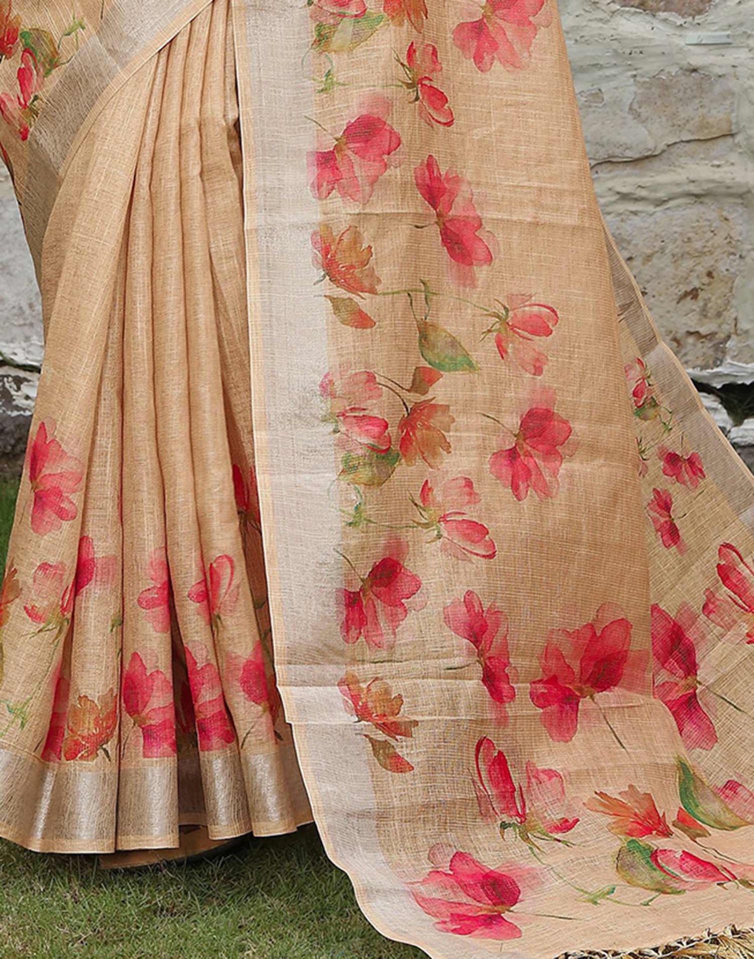 Beige Cotton Floral Printed Saree