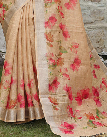 Beige Cotton Floral Printed Saree