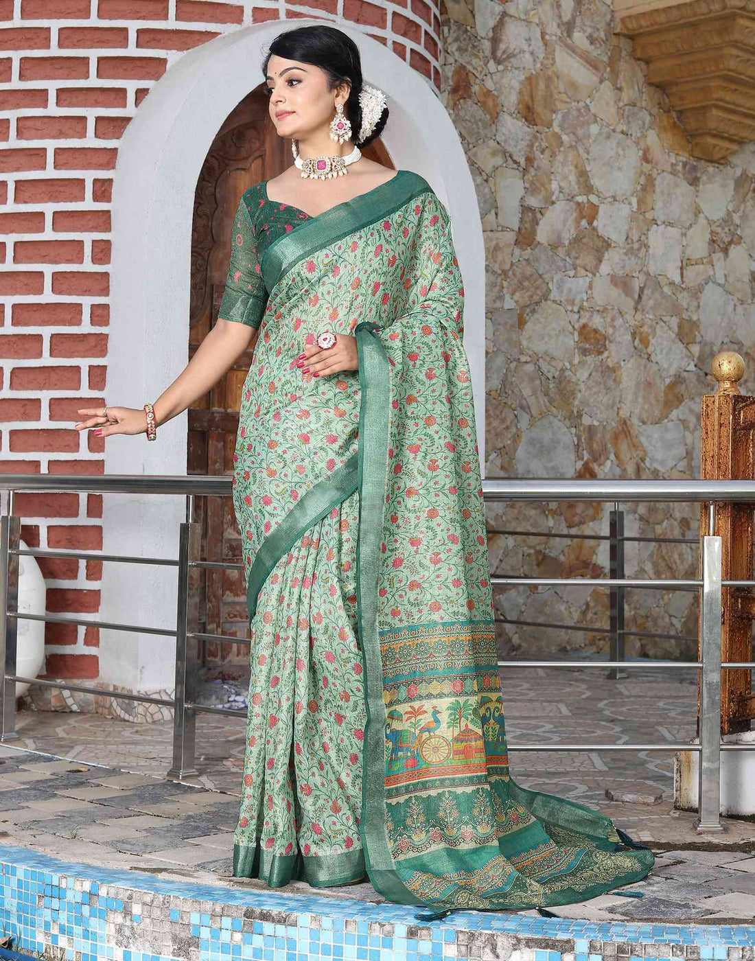 Mint Green Cotton Floral Printed Saree