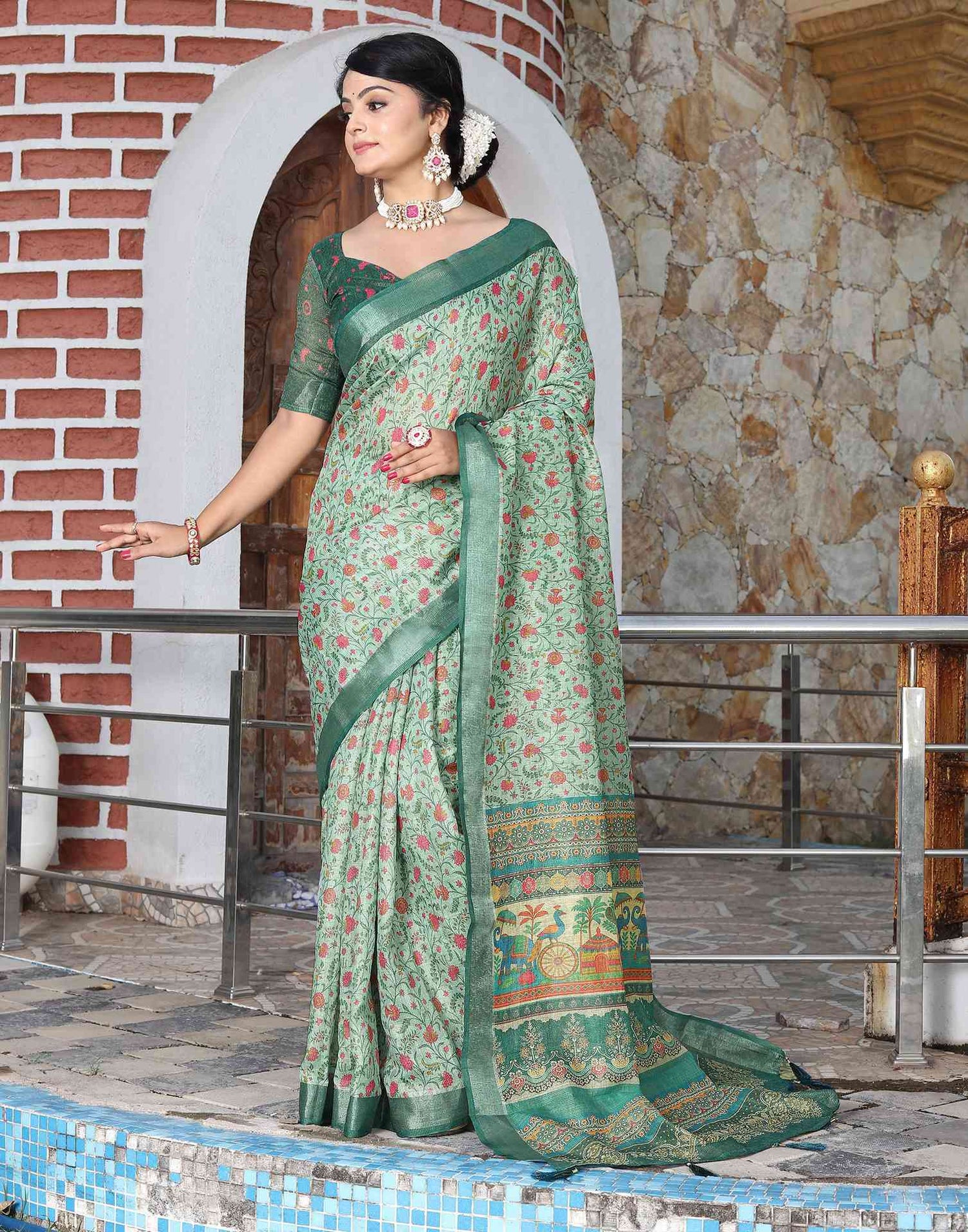 Mint Green Cotton Floral Printed Saree
