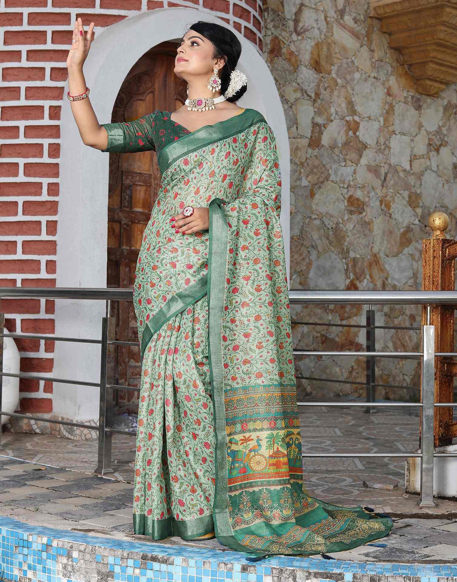 Mint Green Cotton Floral Printed Saree