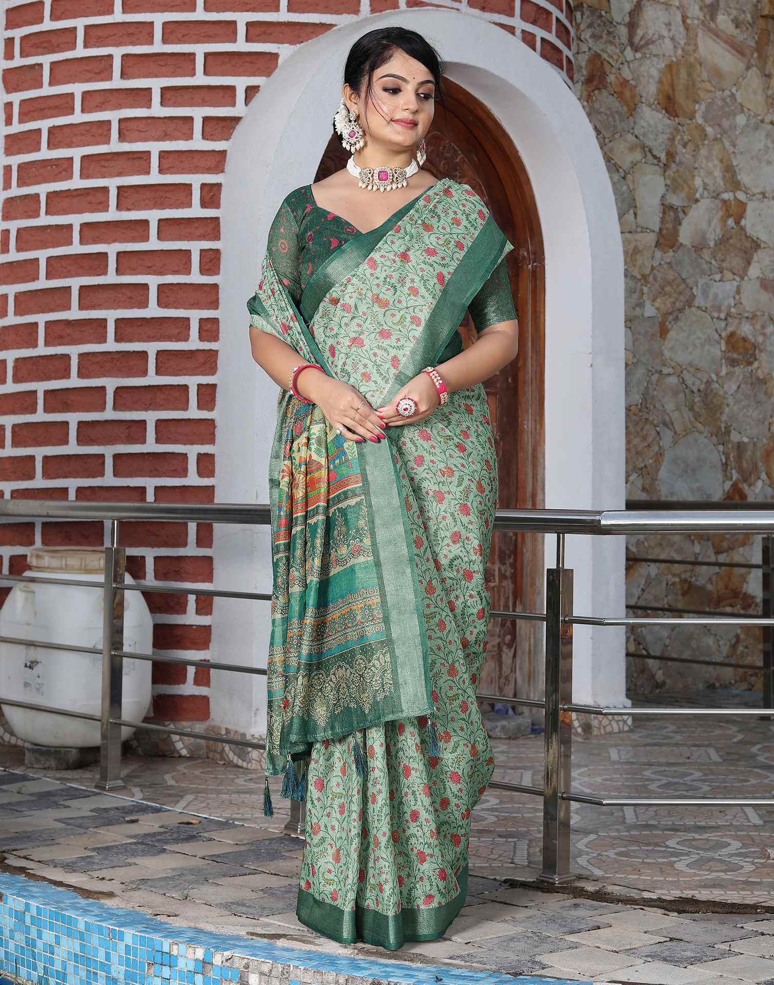 Mint Green Cotton Floral Printed Saree