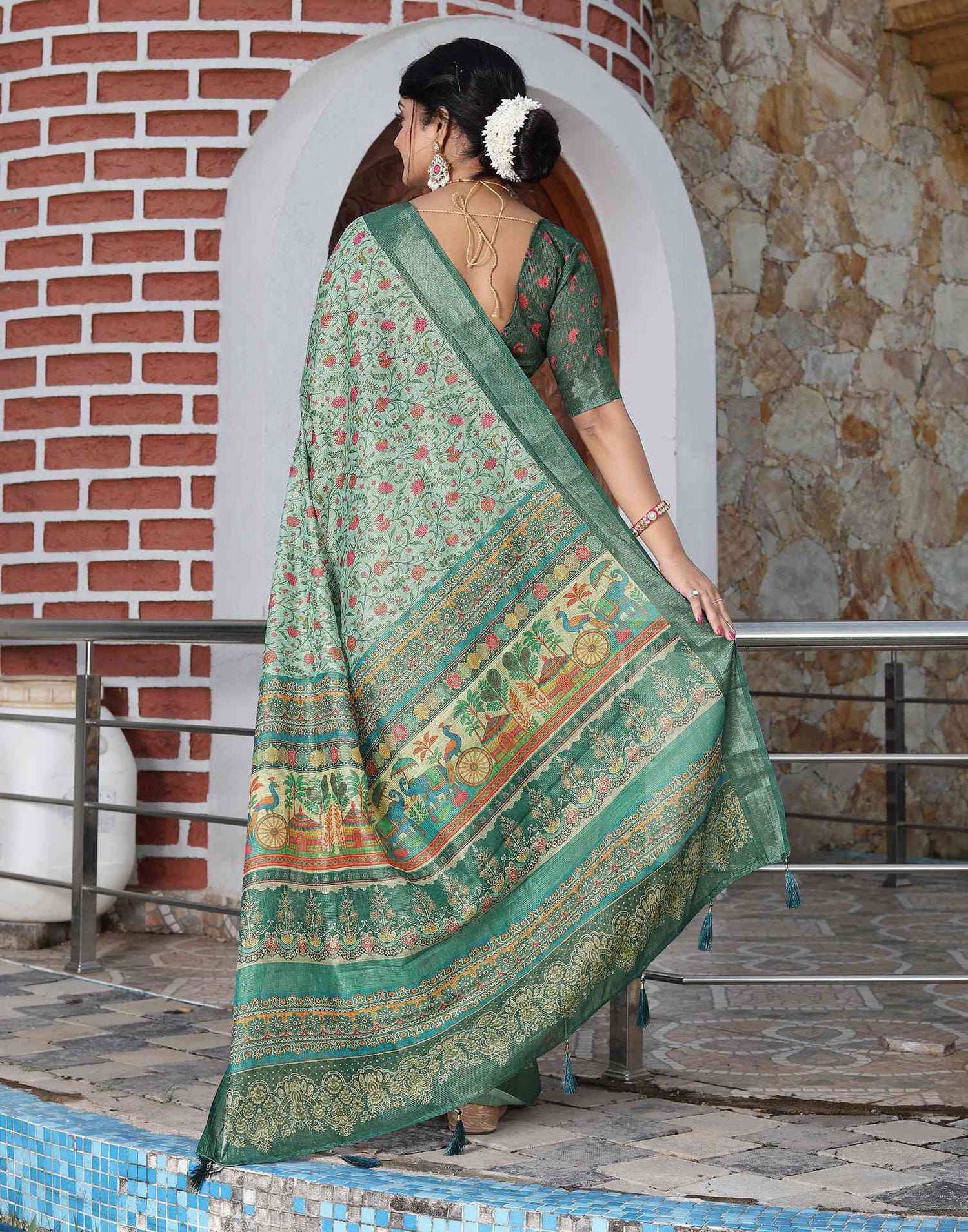 Mint Green Cotton Floral Printed Saree