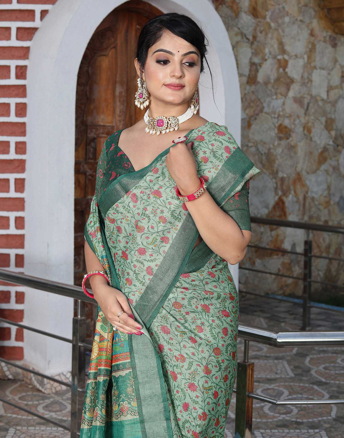Mint Green Cotton Floral Printed Saree