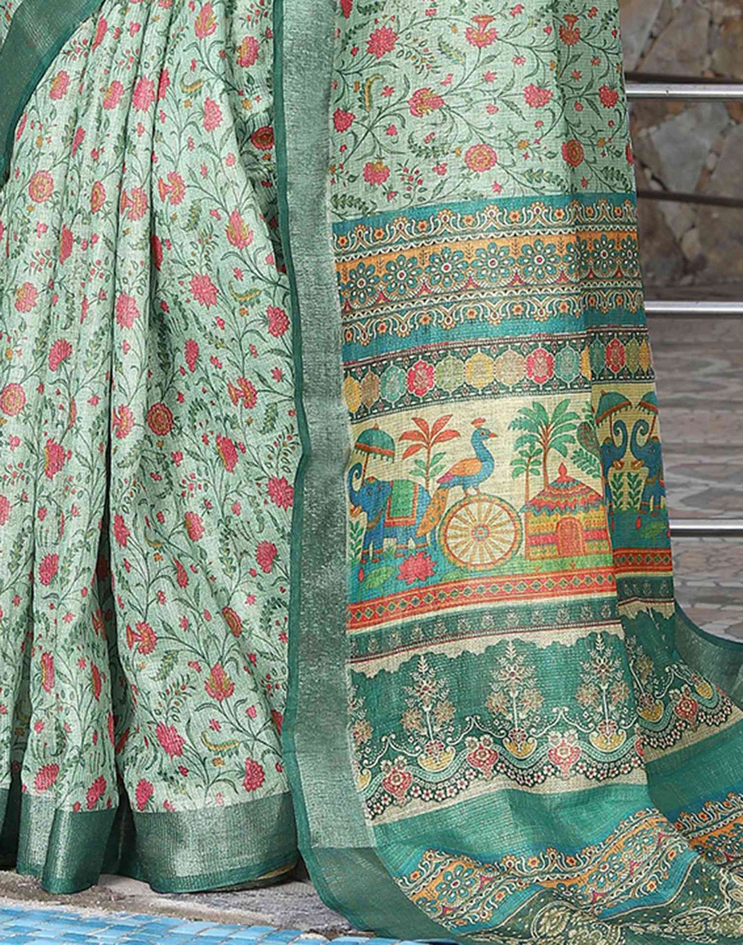Mint Green Cotton Floral Printed Saree
