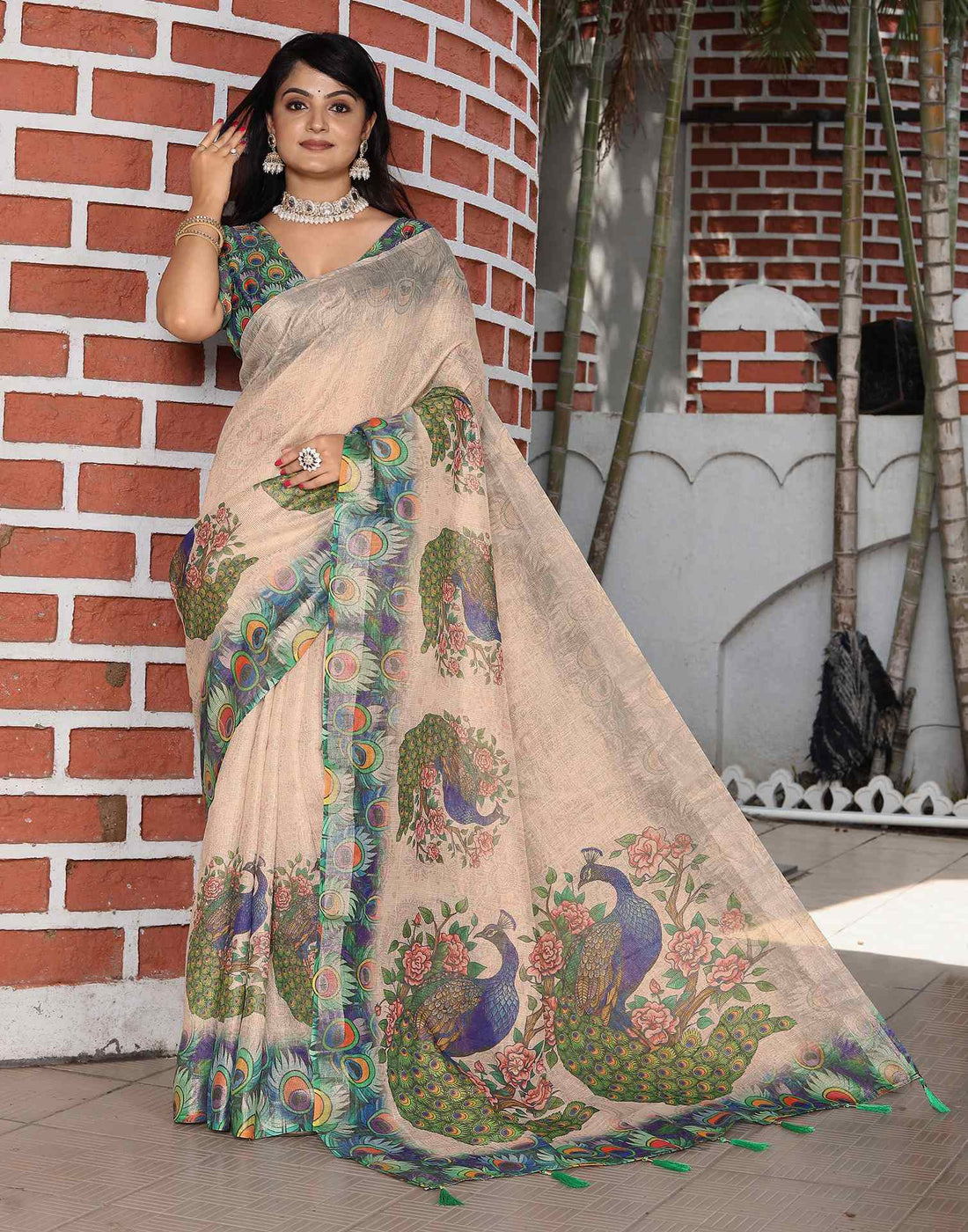 Beige Cotton Printed Saree