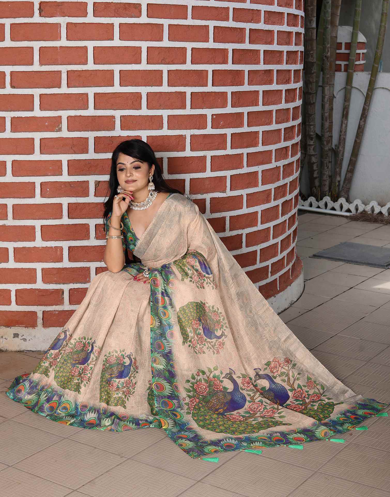 Beige Cotton Printed Saree