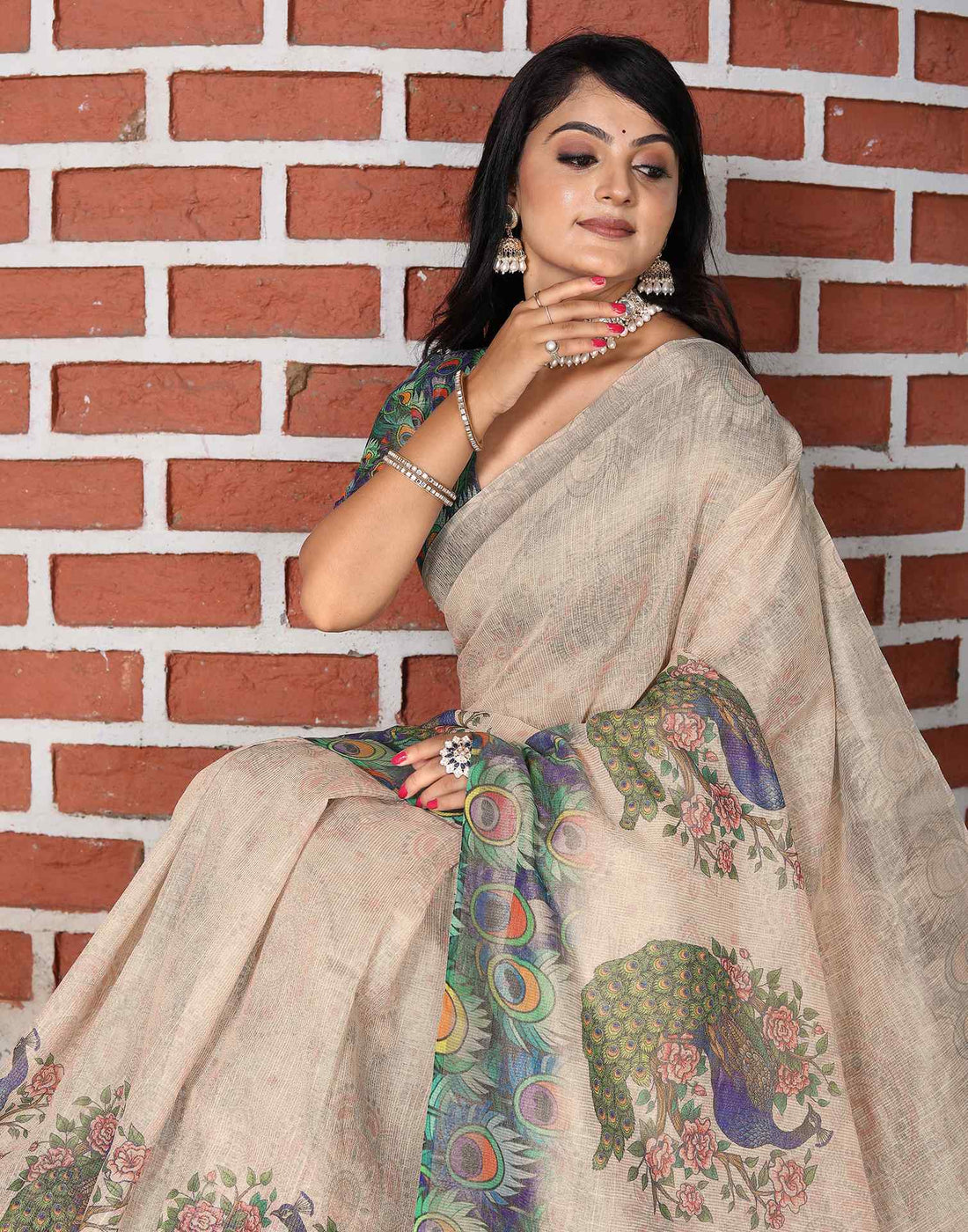 Beige Cotton Printed Saree