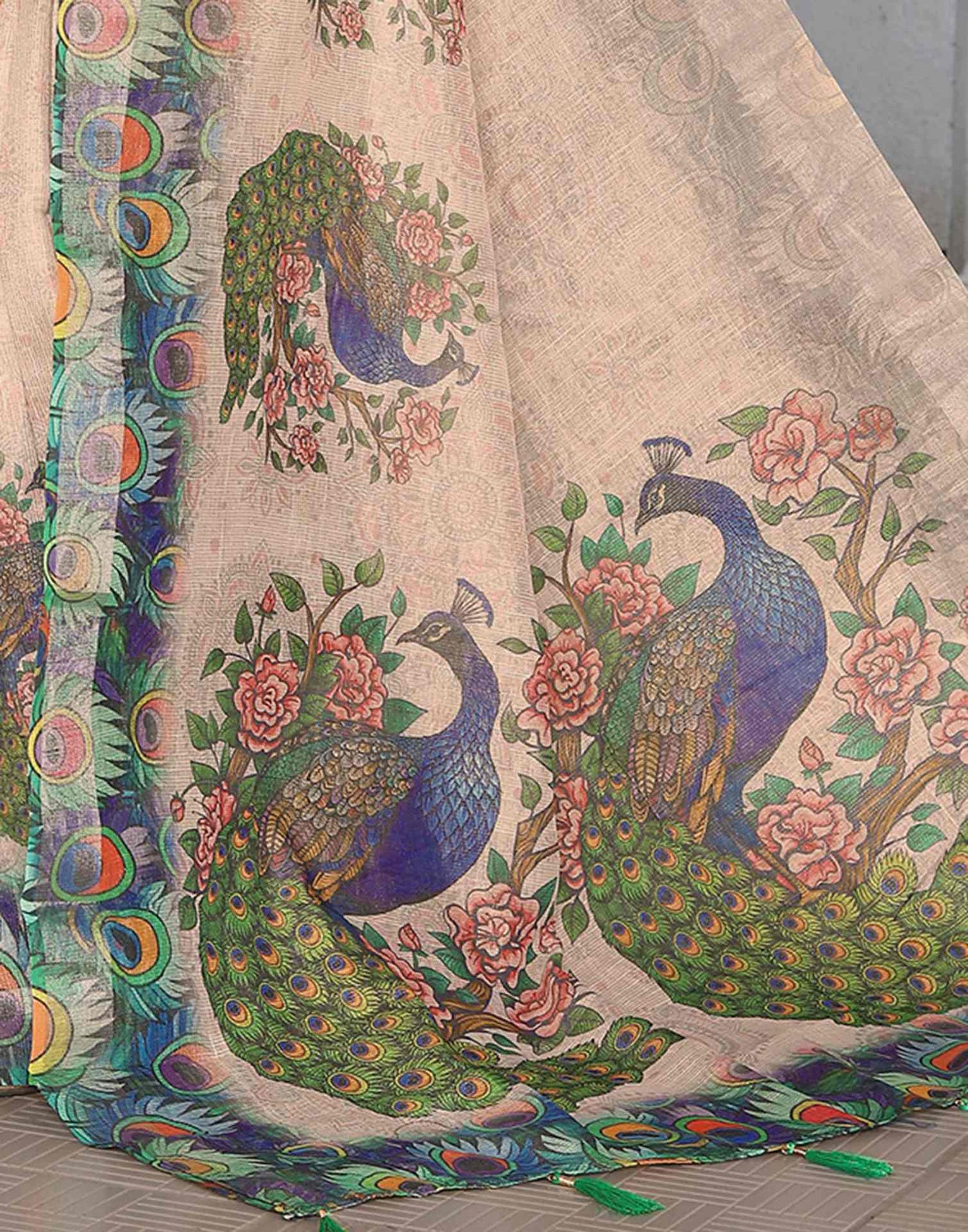 Beige Cotton Printed Saree