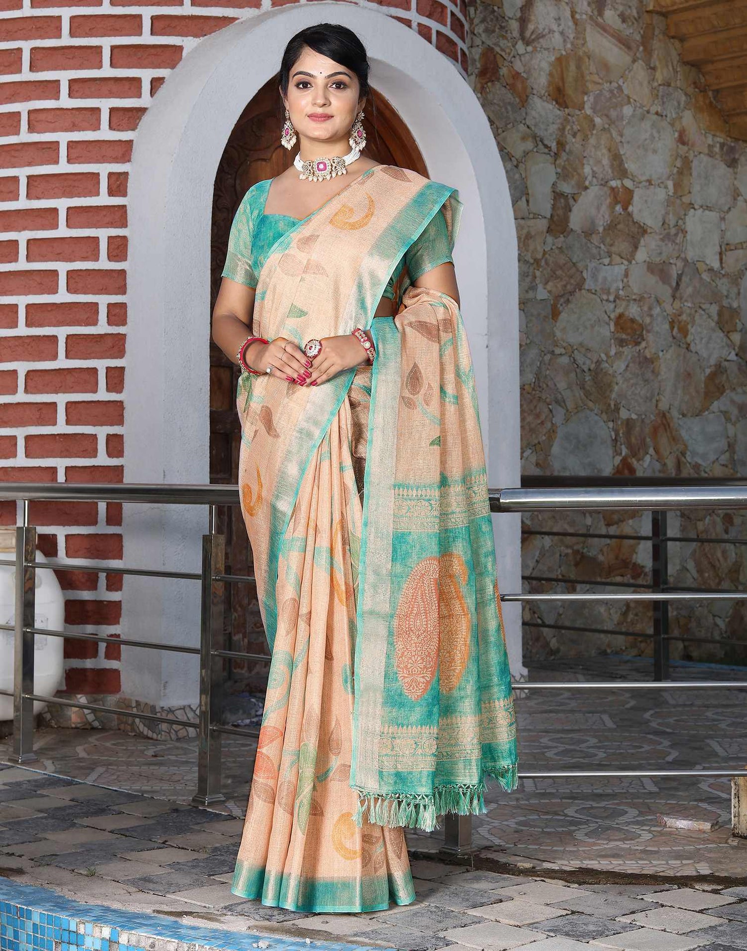 Peach Cotton Printed Saree
