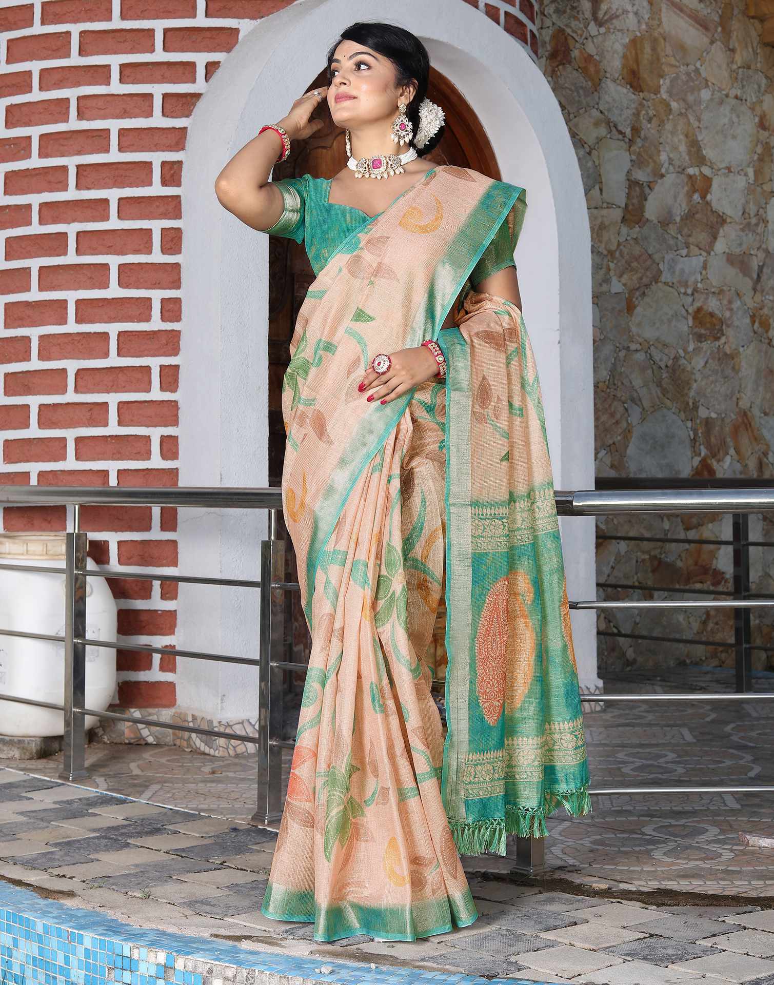 Peach Cotton Printed Saree