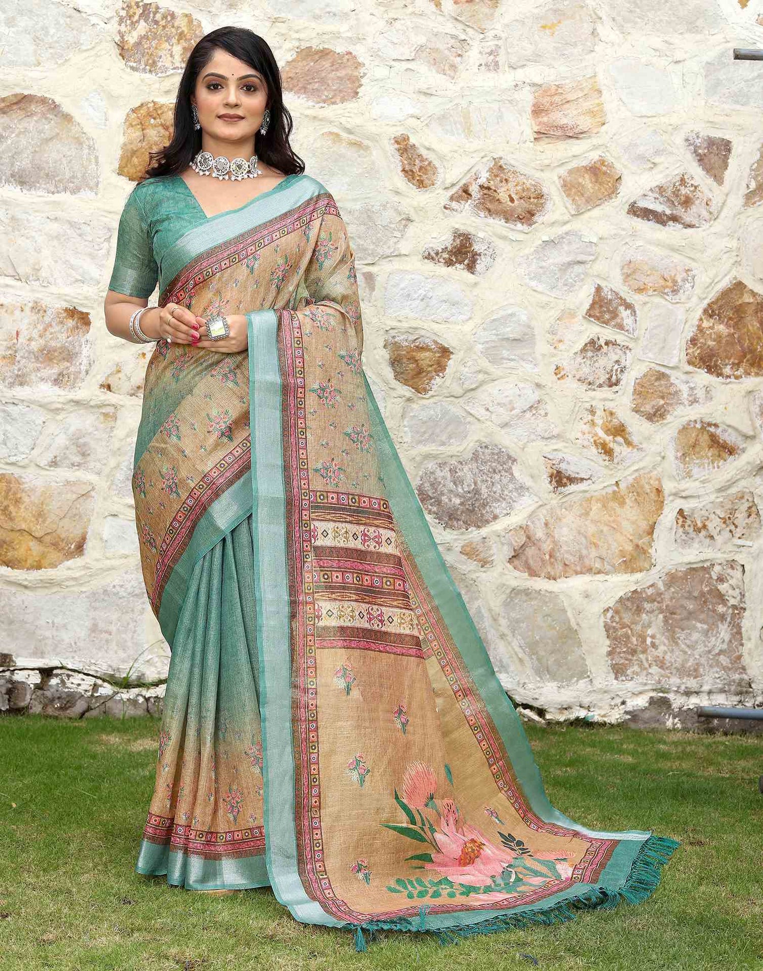 Turquoise Cotton Floral Printed Saree