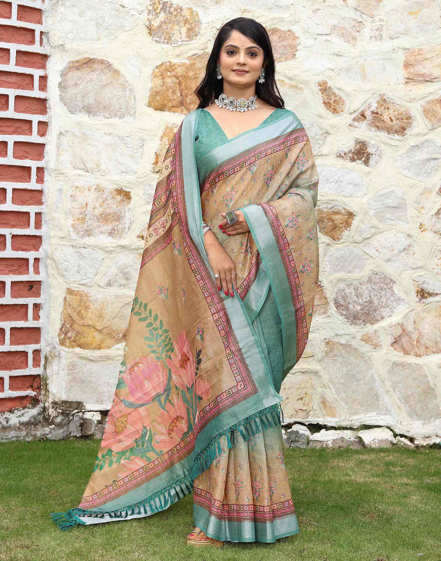 Turquoise Cotton Floral Printed Saree