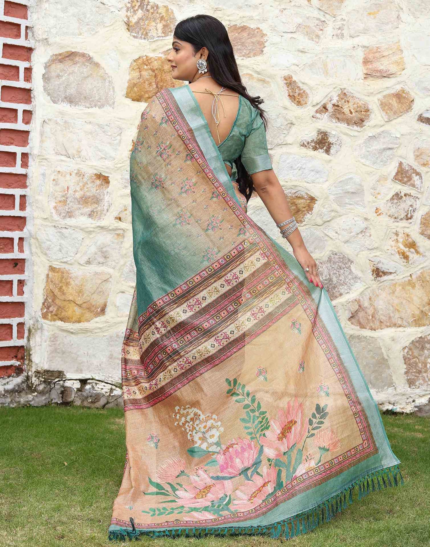 Turquoise Cotton Floral Printed Saree