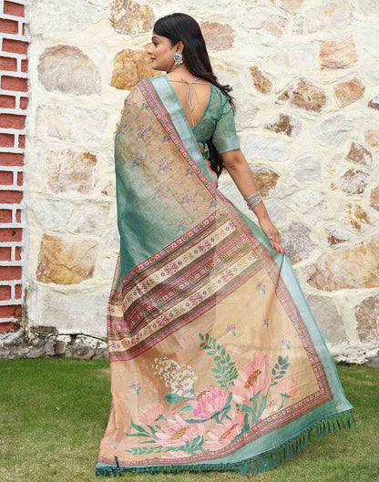 Turquoise Cotton Floral Printed Saree