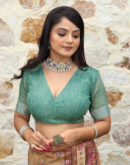 Turquoise Cotton Floral Printed Saree