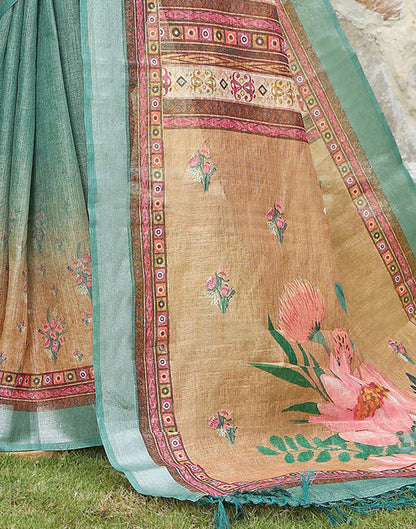 Turquoise Cotton Floral Printed Saree
