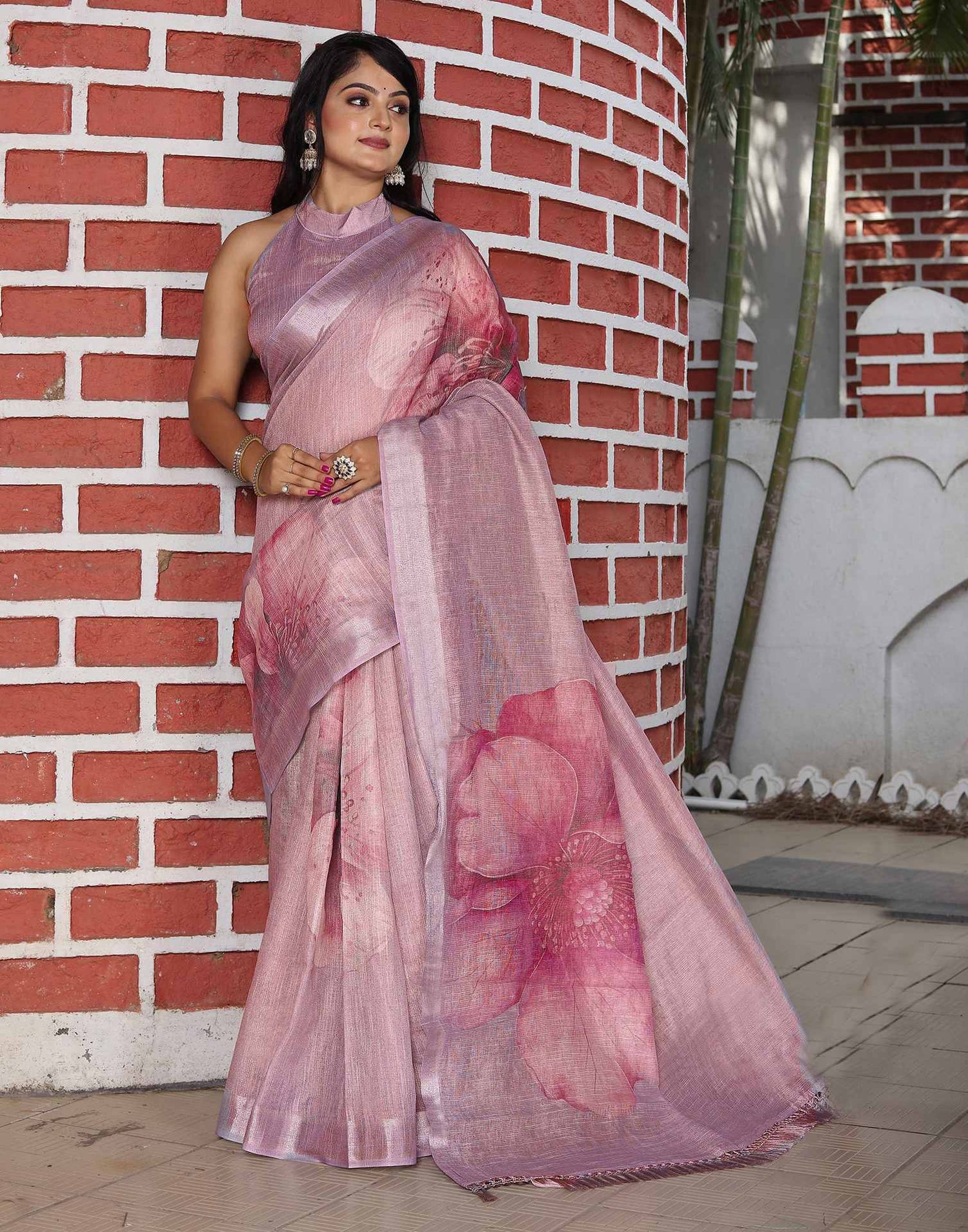 Mauve Cotton Floral Printed Saree