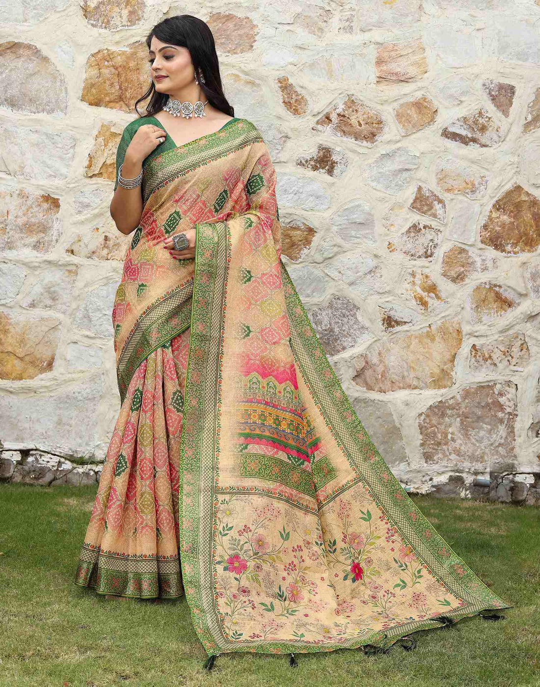 Peach Cotton Printed Bandhani Saree