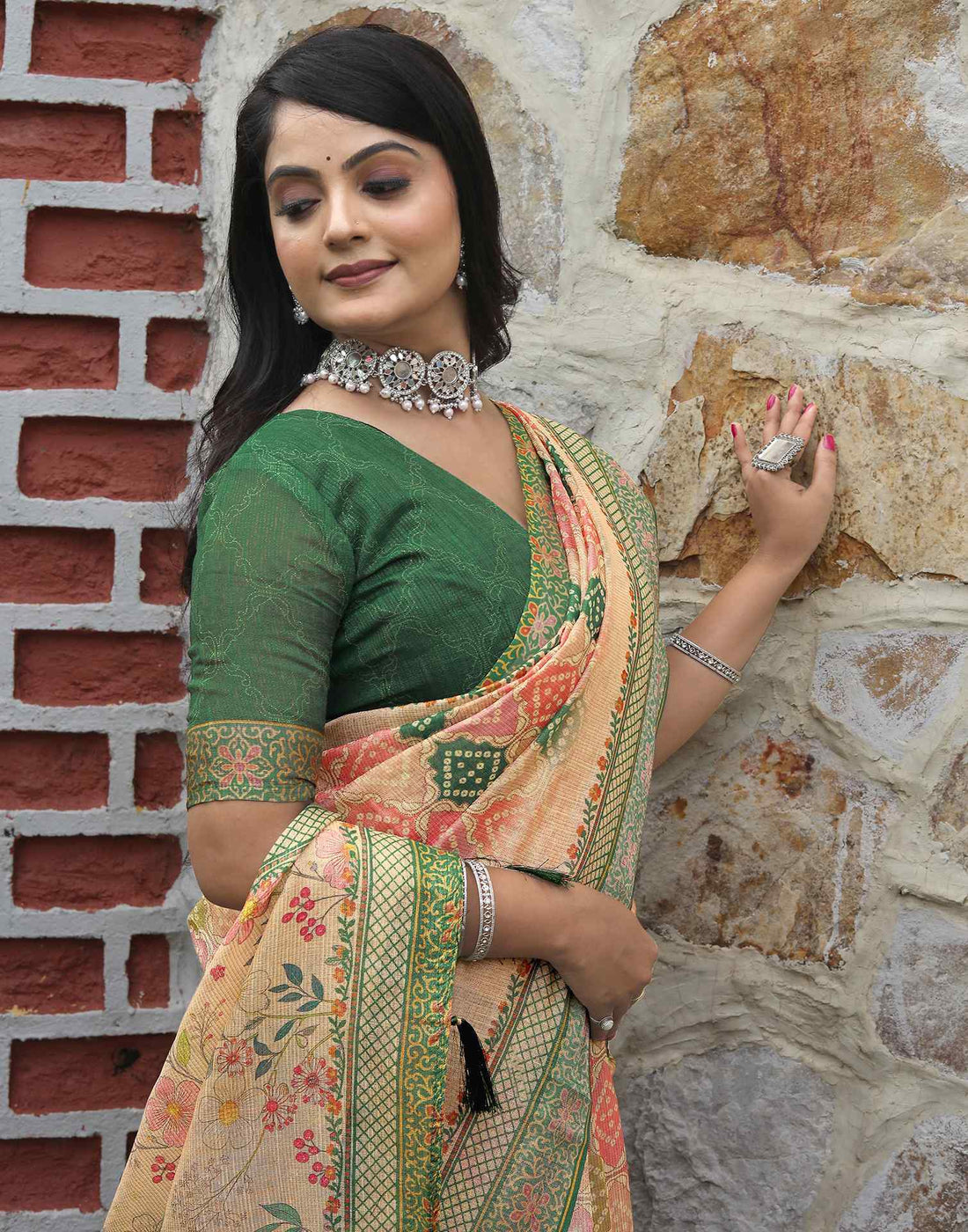 Peach Cotton Printed Bandhani Saree