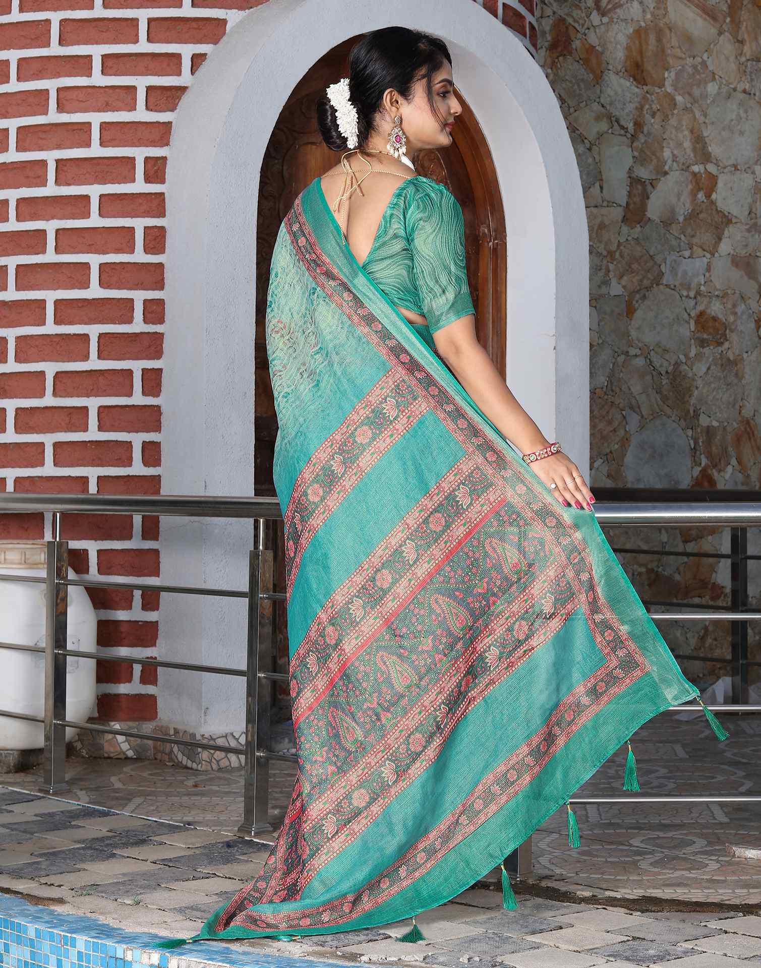 Turquoise Cotton Floral Printed Saree