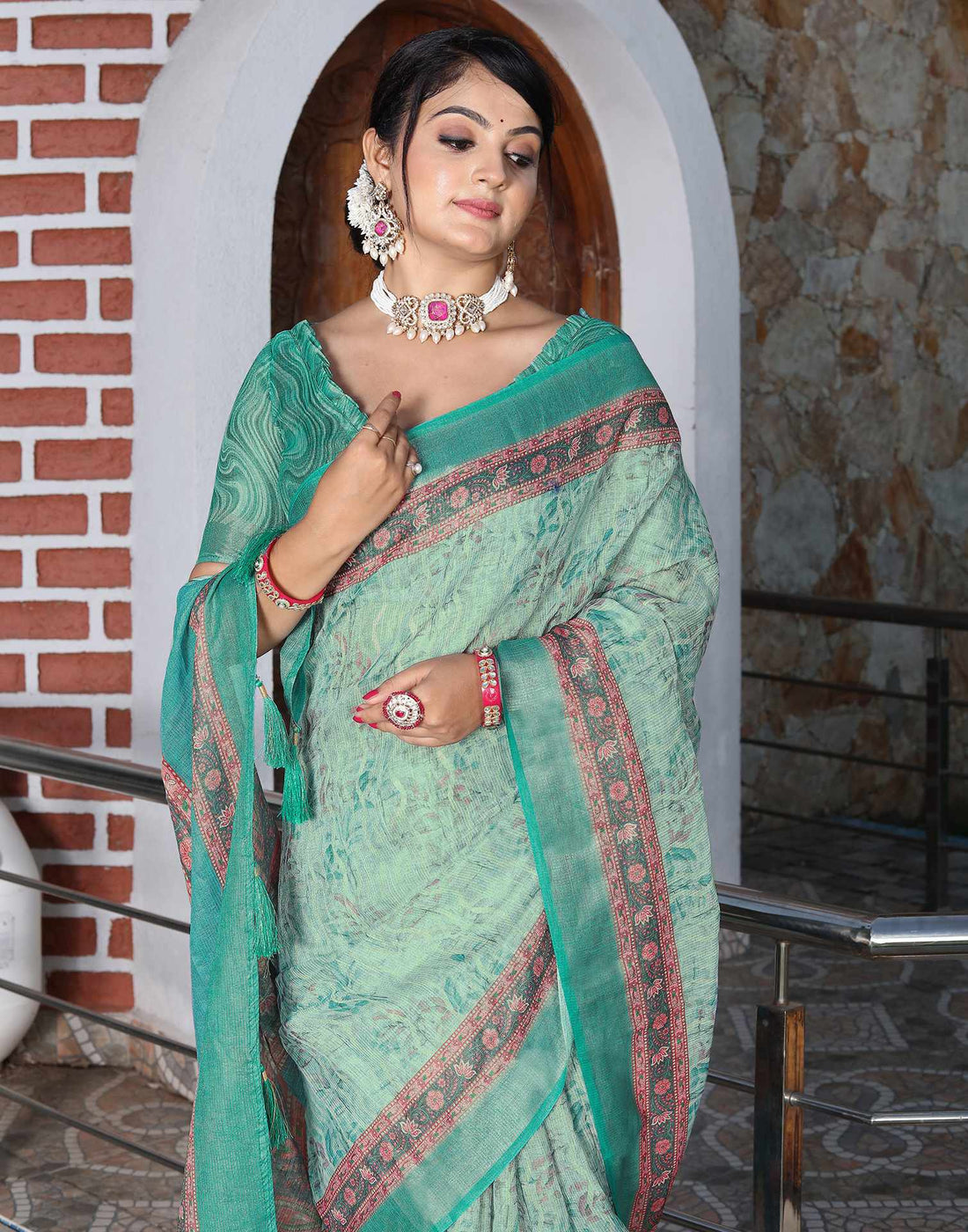 Turquoise Cotton Floral Printed Saree