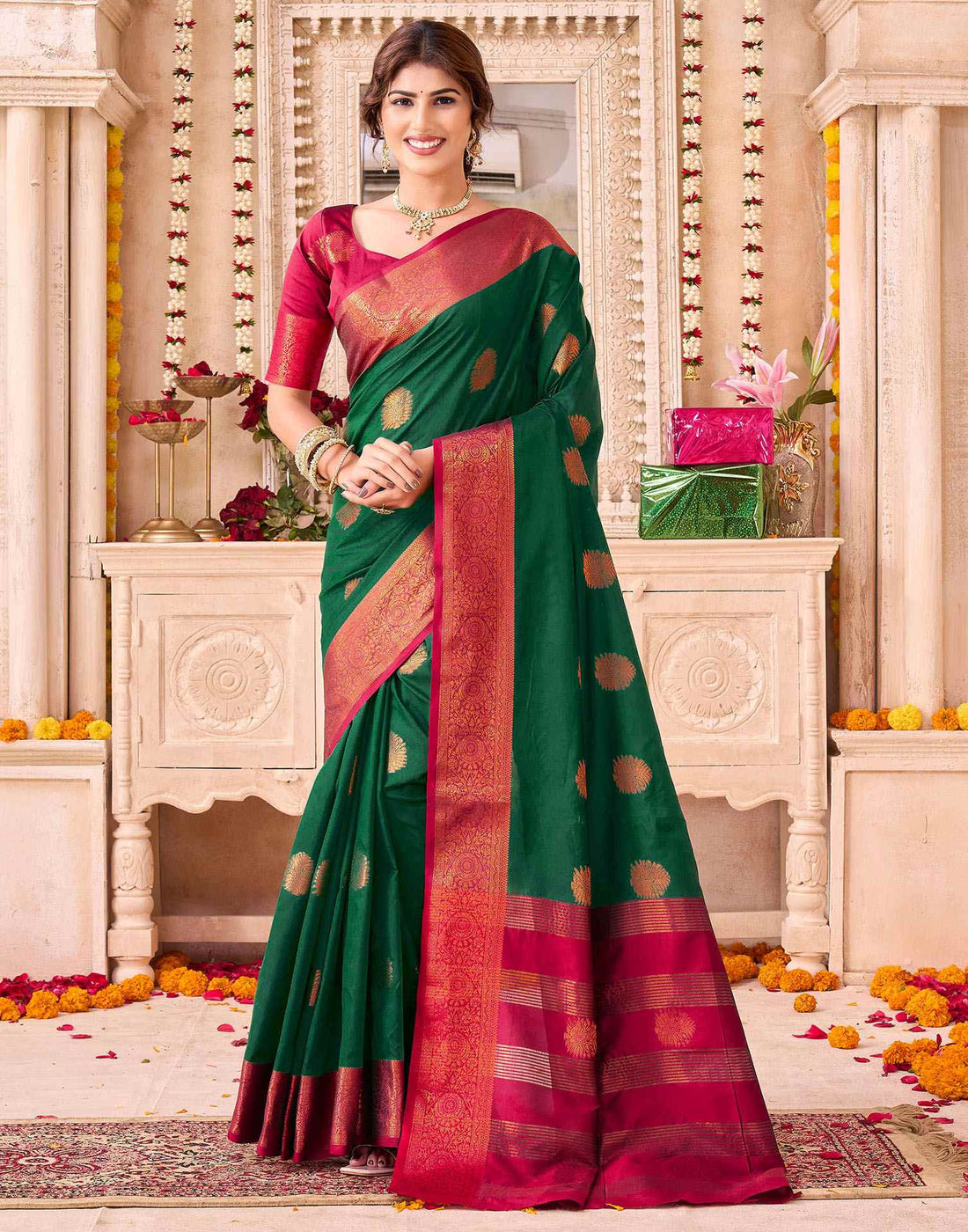 Dark Green Silk Woven Saree