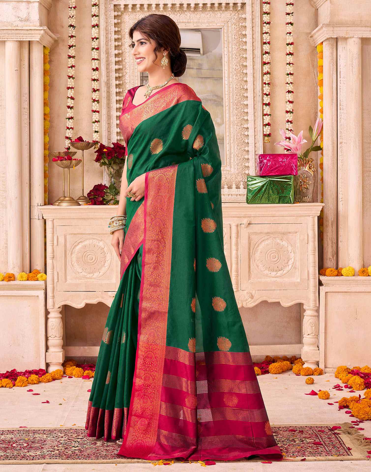 Dark Green Silk Woven Saree