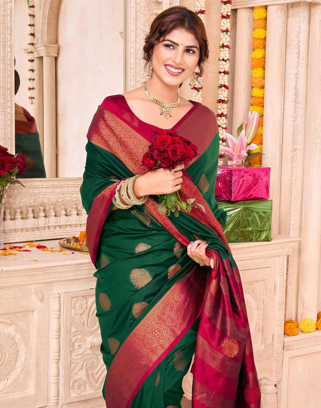 Dark Green Silk Woven Saree