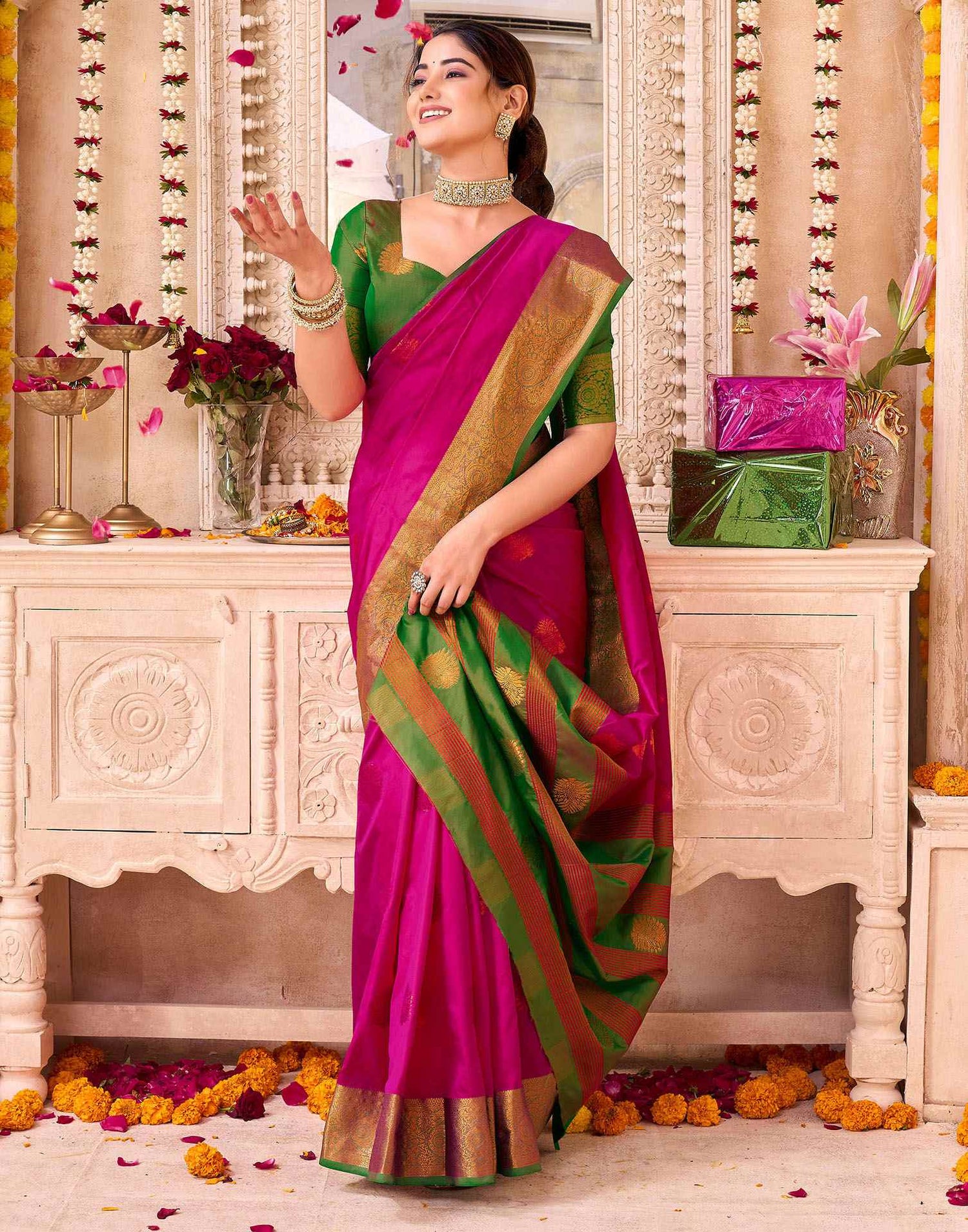 Rani Pink Silk Woven Saree