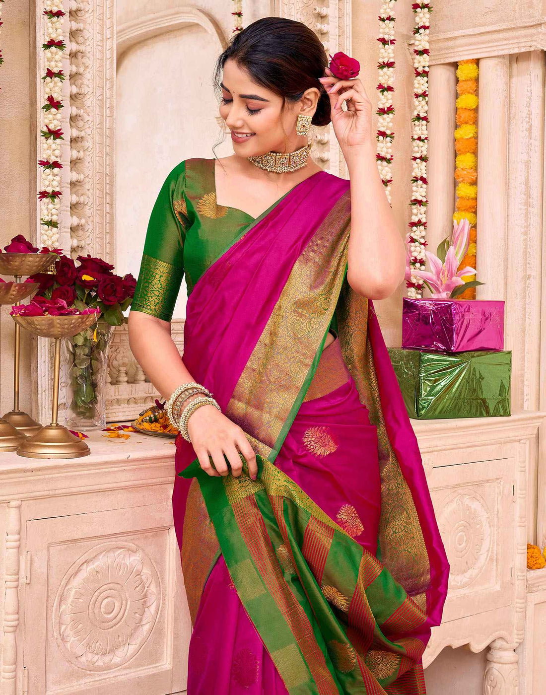 Rani Pink Silk Woven Saree