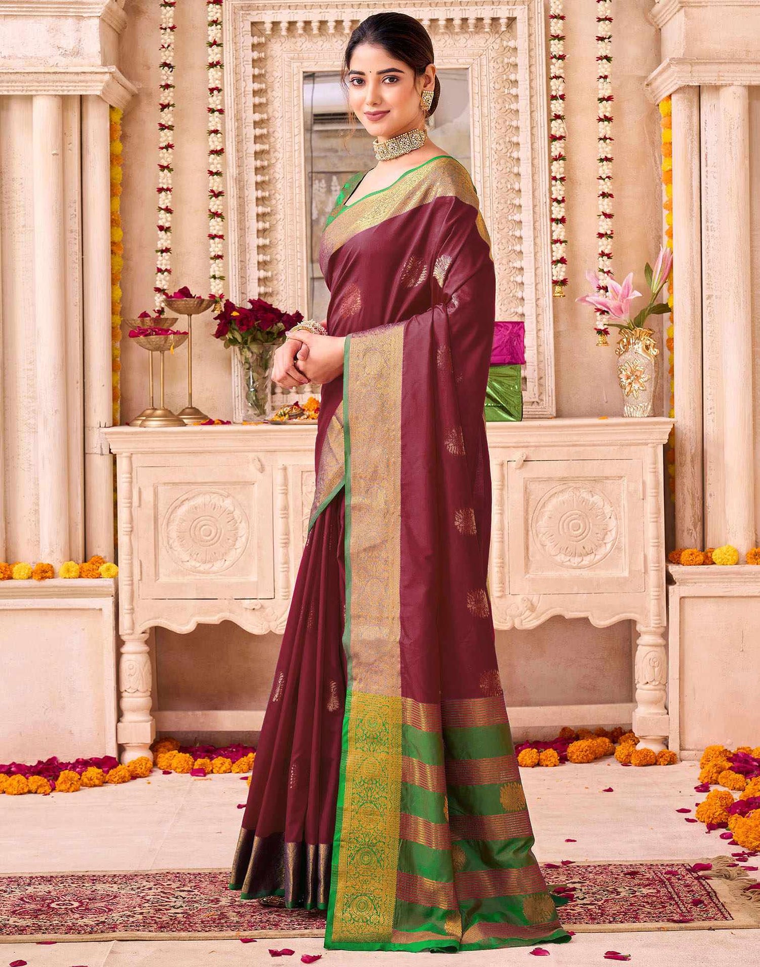 Maroon Silk Woven Banarasi Saree
