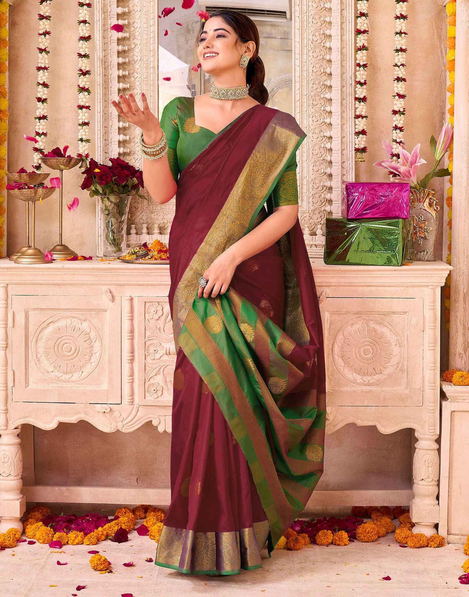 Maroon Silk Woven Banarasi Saree