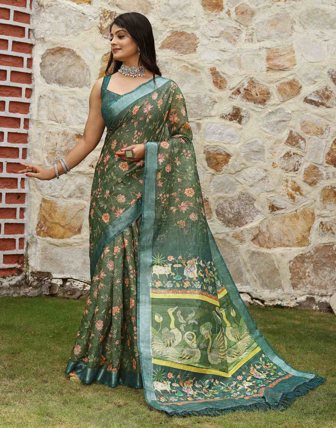 Green Cotton Floral Printed Saree