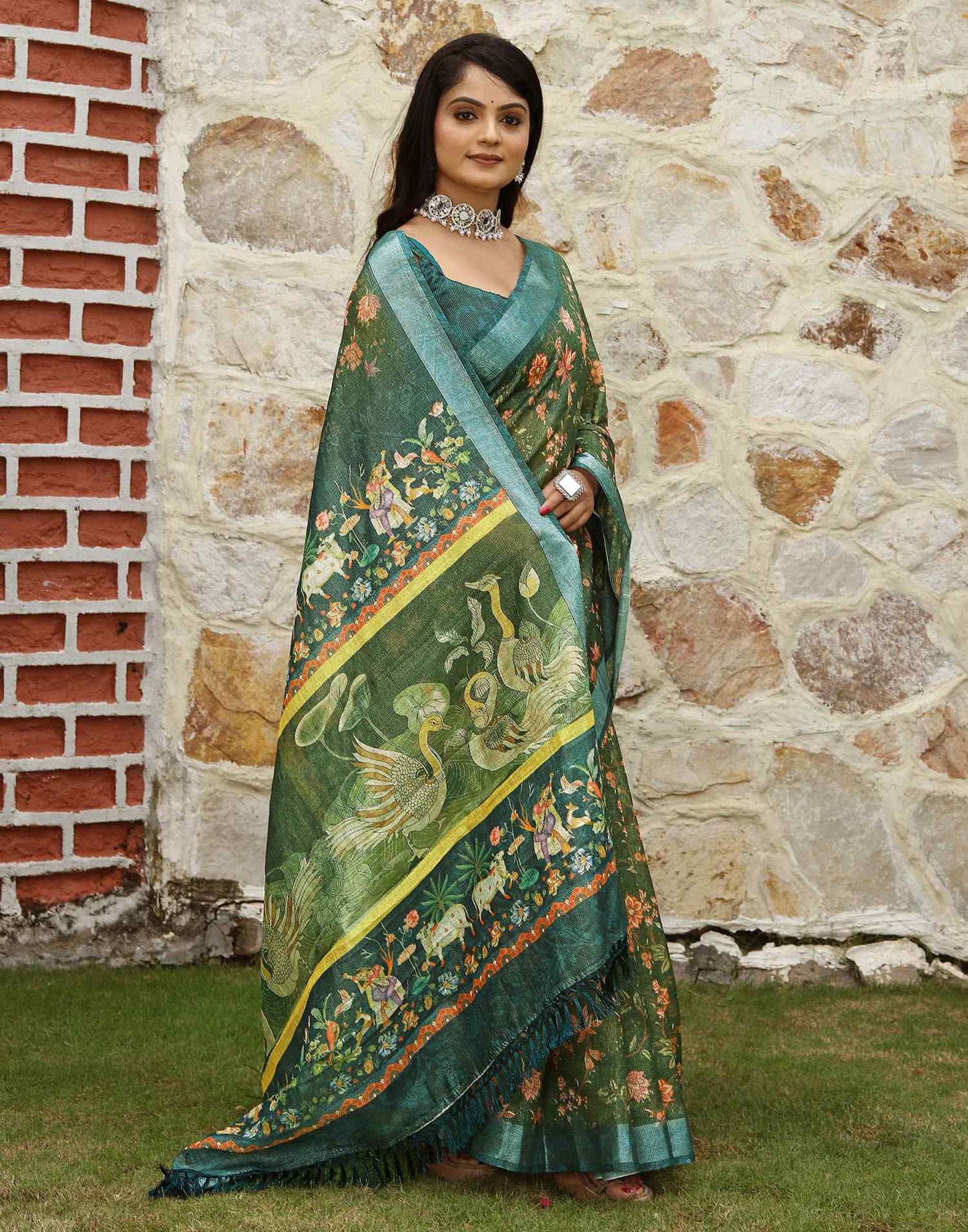 Green Cotton Floral Printed Saree