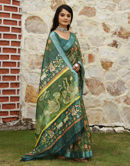 Green Cotton Floral Printed Saree