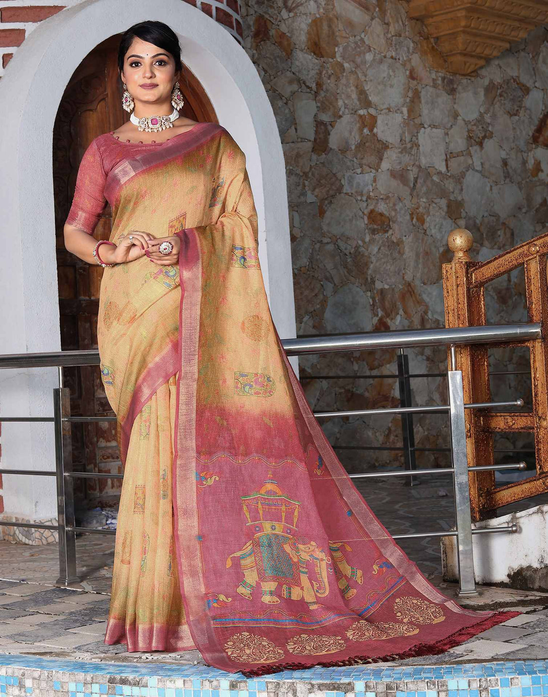 Cream Cotton Printed Saree